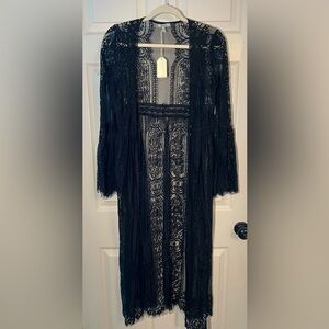 JODIFL Black Mesh Lace Open Front Boho Kimono Duster Cardigan Size Small NWT